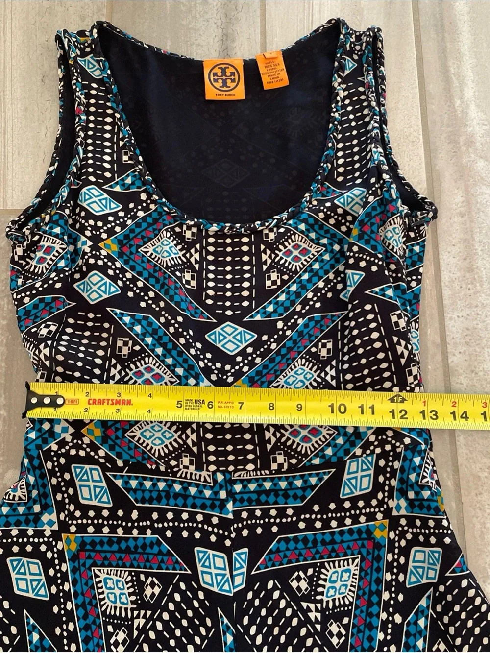 Tory Burch SZ 4 Camilla Dasha Geometric Print Silk Sleeveless Dress Ruffle Hem